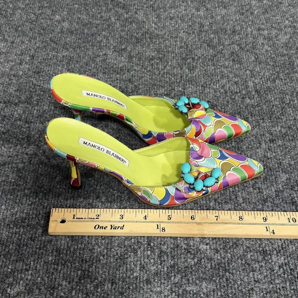Manolo Blahnik Atomica Shoes Womens 5 Green Blue Printed Silk Mules Heels Italy